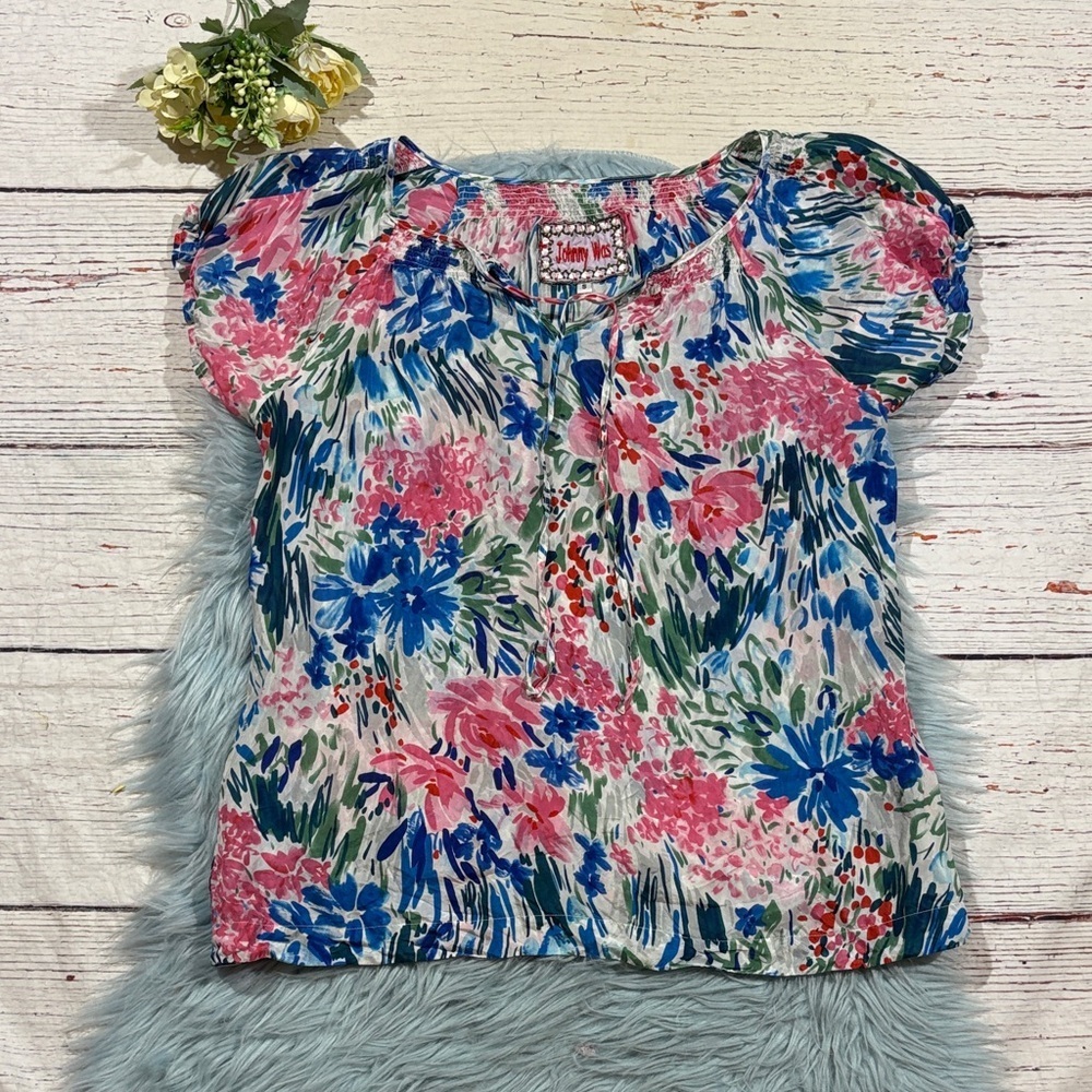 Johnny Was Floral Silk Watercolor Peasant Blouse